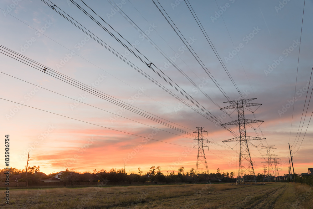 Wall mural industrial background group silhouette of transmission towers (or power tower, electricity pylon, st