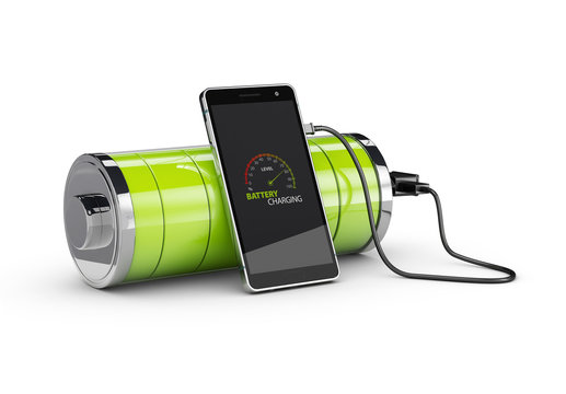Charged Smartphone with full green battery, isolated white 3d Illustration