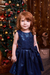 Portrait little girl. Christmas interior. Blue dress