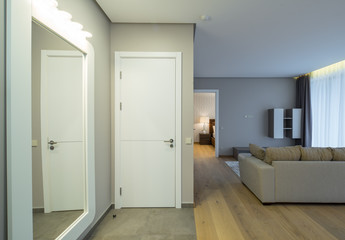 Entrance hall in modern apartment, corridor, flat.