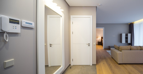 Entrance hall in modern apartment, corridor, flat.