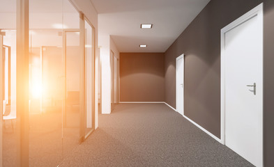 Open space office interior with like conference room. Mockup. 3D rendering. Sunset.