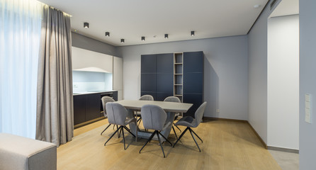 Interior of the living-studio in the apartment. Room, kitchen, furniture, sofa..