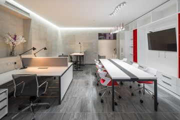 Modern design office in red and white colors.