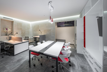 Modern design office in red and white colors.