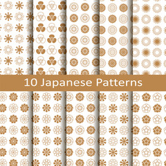 set of ten golden japanese circle seamless vector patterns with flower design. design for packaging, covers, textile