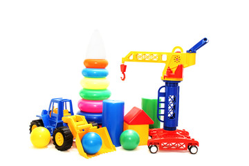 brightly colored toys on a white background isolated.