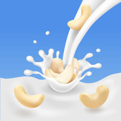 Cashew nuts in pouring yogurt or milk flow realistic