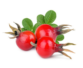 Rose hip berries with leaves isolated on white background. Clipping Path - obrazy, fototapety, plakaty