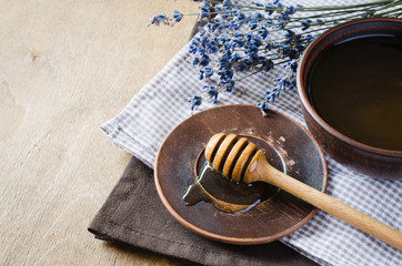 Organic honey and lavender flowers.