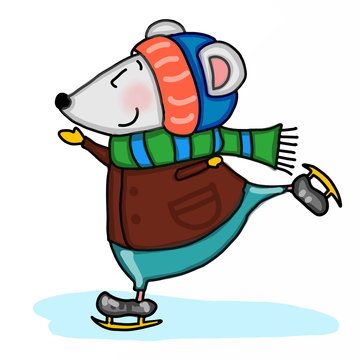 cute mouse ice skating cartoon illustration