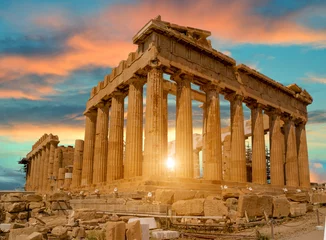 Papier Peint photo Athènes Parthénon Athènes Grèce rayons du soleil et couleurs du coucher du soleil