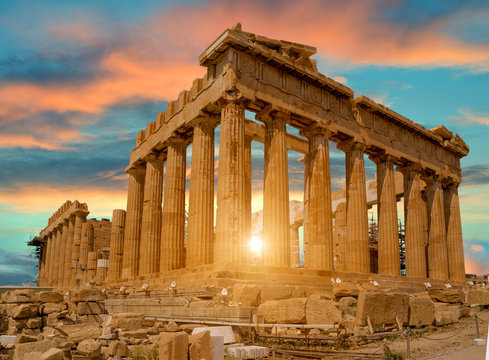 parthenon athens greece sun beams and sunset colors © sea and sun