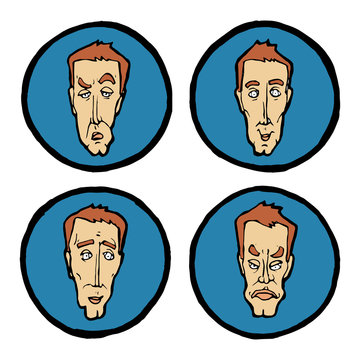 Facial expressions in man's faces, emotions icons set.
