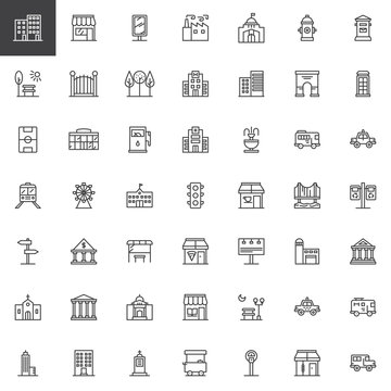 City buildings and transportation line icons set, outline vector symbol collection, linear style pictogram pack. Signs, logo illustration. Set includes icons as hospital building, hotel, factory, park