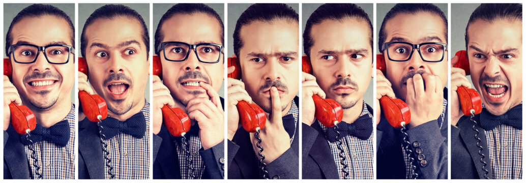 Man having various emotions talking on phone