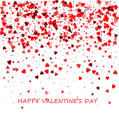 Happy Valentine's Day card. Romantic composition with confetti of hearts. Beautiful background with hearts on a white background. Vector illustration.