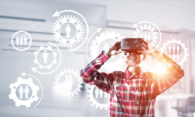 Guy wearing checked shirt and virtual mask demonstrating some emotions