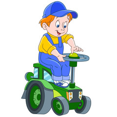 Kids in Professions. Cartoon boy driving a tractor. Design for children's coloring book.