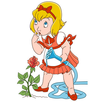 Kids Leisure Activities. Cartoon girl watering rose flower. Design for children's coloring book.