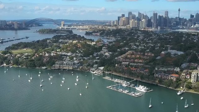 Aerial video of Sydney Harbour, with view of Harbour Bridge and skyline of CBD