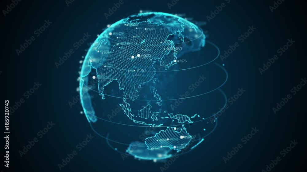 Poster pixel 3d planet earth with big data animation. rotating globe, shining continents with floating numb