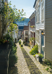 Cobblestone street in Bergen Norway