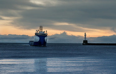 Offshore vessel enter Aberdeen harbor