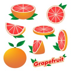 Set of fresh citrus sliced and whole grapefruit with skin with green leaves on a white background. The concept of healthy eating. 