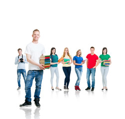 Obraz premium Large group of teenage students isolated on white background. Many different people standing together. School, education, college, university concept.