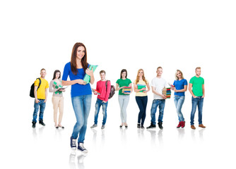 Large group of teenage students isolated on white background. Many different people standing together. School, education, college, university concept.