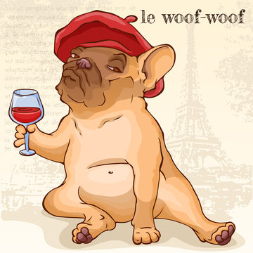 French bulldog in red beret sitting with a glass of red wine front of Eiffel tower. Cartoon vector character. Le woof woof