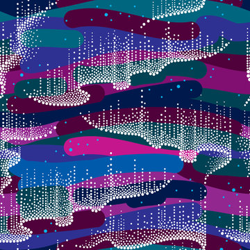 Vector seamless pattern with white dotted swirls of northern or polar light on the background in dark blue, pink and turquoise. Aurora borealis lights in dotwork style for space and galaxy design. 
