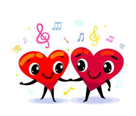Obraz premium Couple in love idea. Two funny cute cartoon hearts dancing, holding their hands