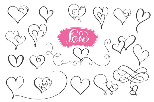 Set of hand drawn sketchy calligraphy hearts. Vector grunge style flourish collection. Illustration of the hand drawn hearts on the white background