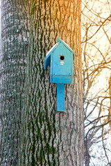 Birdhouse or nesting box on tree in a winter park.