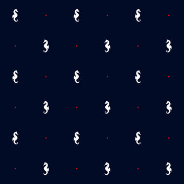 Seamless vector pattern with seahorse and red dots in blue background. Marine motif.