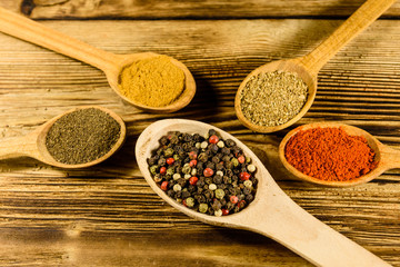 Spoons with the different spices on wooden table