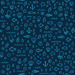 Vector cute marine life doodle seamless pattern. Can be used for textile, website background, book cover, packaging.
