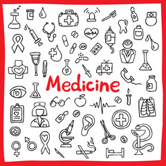 Hand drawn medical icons set. Vector illustration. (Tools, organs, symbols)