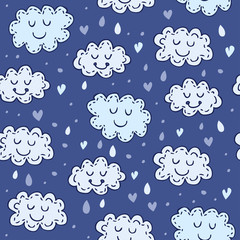 Blue seamless pattern with cute clouds. Childrens shiny background. Can be used for textile, website background, book cover, packaging.