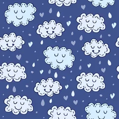 Poster Blue seamless pattern with cute clouds. Childrens shiny background. Can be used for textile, website background, book cover, packaging. © Marina