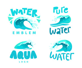 Vector flat illustration of water splashes emblem isolated on white background. Water wave curling icon collection. Hand written font. Good for pure water label, logo design, packaging label.