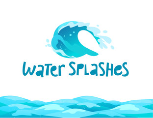 Vector flat illustration of water splashes emblem isolated on white background. Water wave curling icon. Hand written font. Good for pure water label, logo design, packaging label.