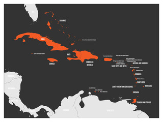 Political map of Carribean. Orange highlighted states and dependent territories. Simple flat vector illustration.