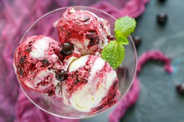 Vanilla ice cream with black currants.