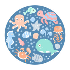 Ocean set with cute sea animals on a round blue card