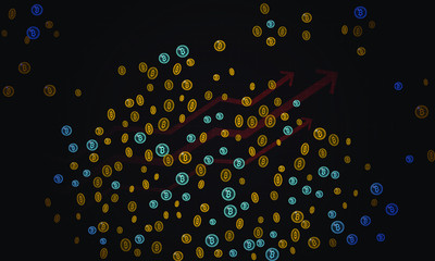 Bitcoin security business background. Bitcoin crypto mining data visualization. Business wallet scheme, security currency exchange, vector model. Crypto virtual payment finance. Gold money trading.