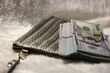 Dollars are on your wallet. Leather women's wallet with currency.