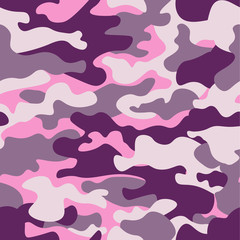Military camouflage seamless pattern, purple monochrome. Classic clothing style masking camo repeat print. ruby colors texture. Design element. Vector illustration. - obrazy, fototapety, plakaty